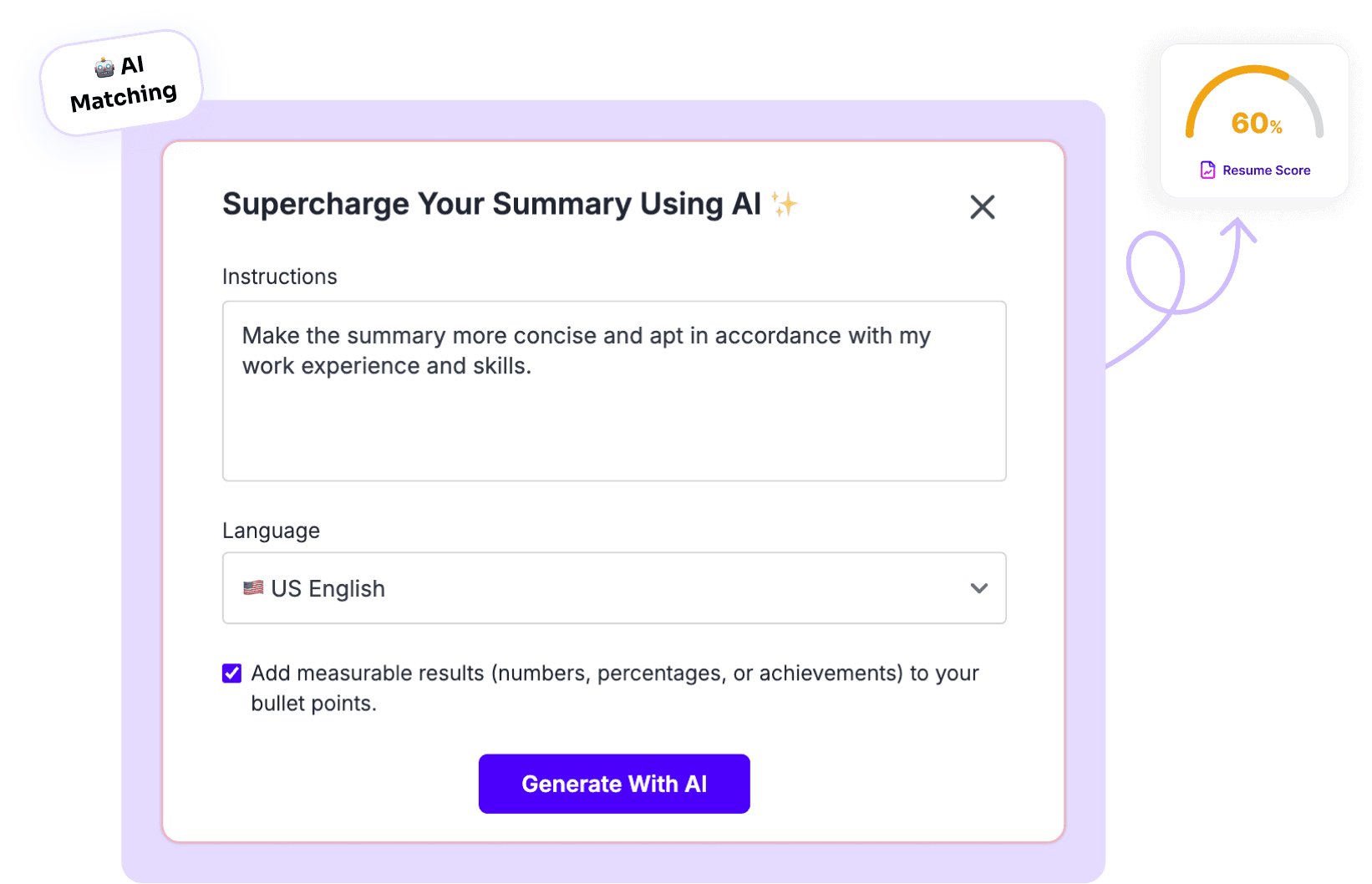 image representing creating a resume summary with ai with instructions and different options