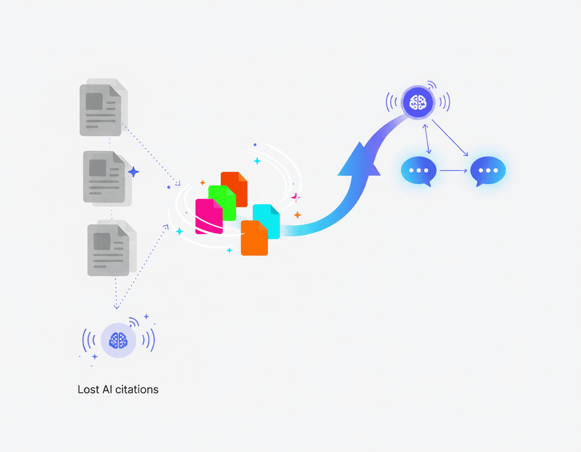 Concept diagram showing automated content refresh boosting AI citations versus stagnant content losing visibility