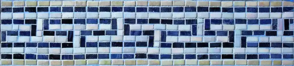 Broken Meander mosaic border, Navy on pale iridescent, hand-cut — reference H-15, Mosaiclegs Art Studio