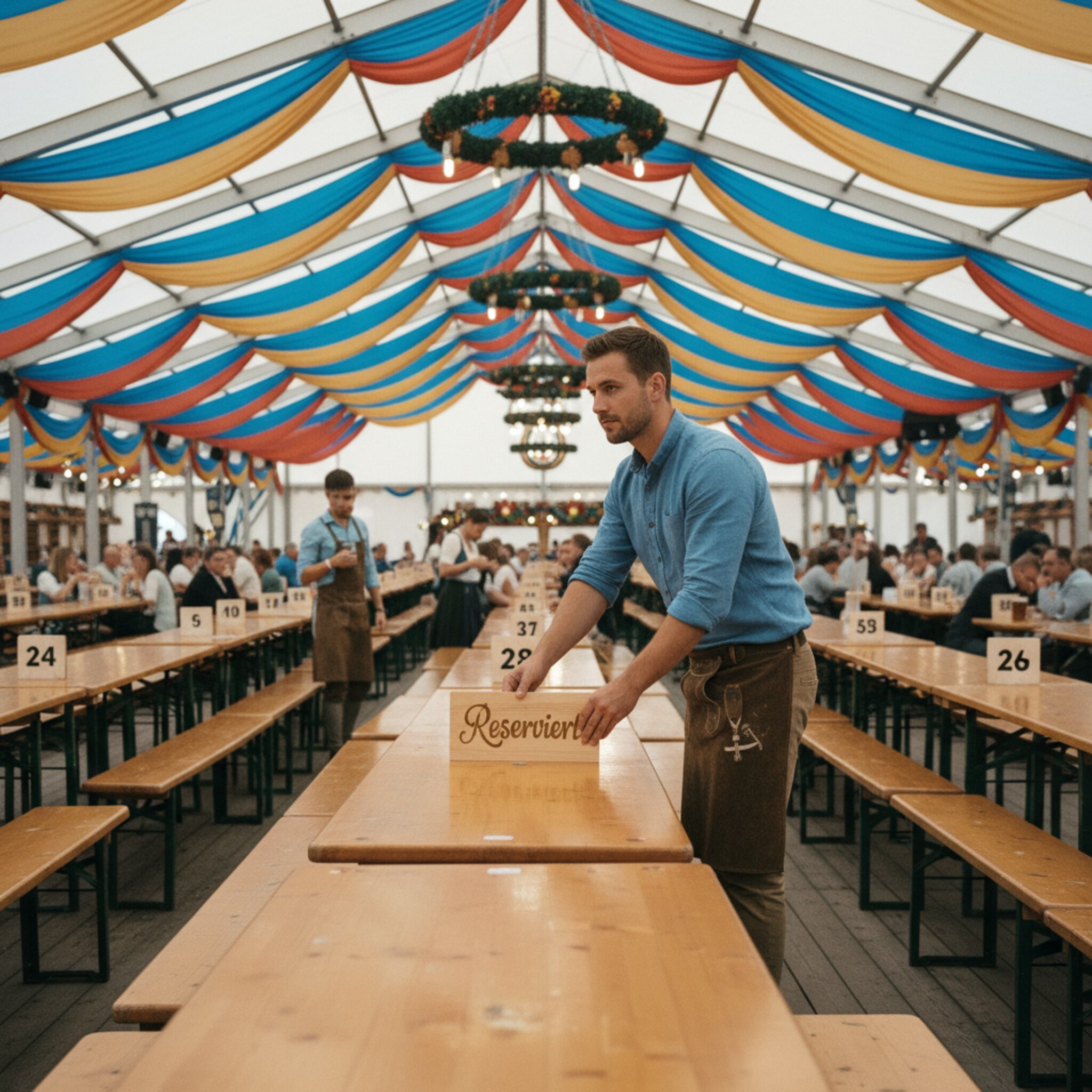 Blick durch den Mittelgang eines großen Festzelts: Farbbänder trennen die Bereiche, nummerierte Tafeln markieren Tische. Ein Zeltleiter positioniert kleine Reserviert-Schilder, während Sonnenlicht auf die polierten Holzflächen fällt. Die klare Aufteilung lässt freie und belegte Zonen intuitiv erfassen.