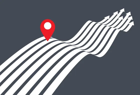 A red map pin marker placed on a path of multiple white wavy lines that are all pointing upwards with arrows at their ends, set against a dark grey background. This visual represents progress, multiple growth paths, or navigating towards a goal.