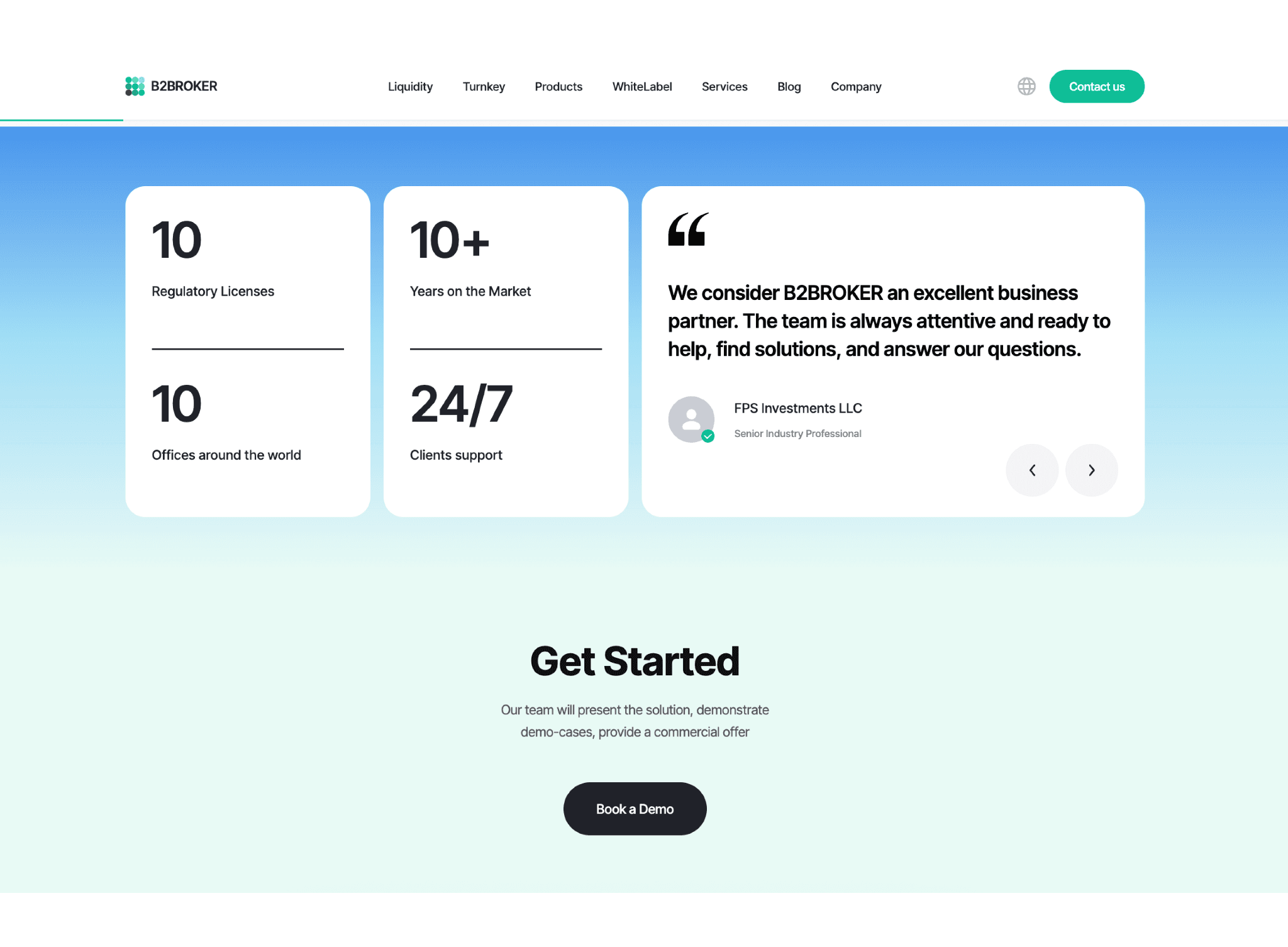 B2BROKER website section displaying regulatory licenses, years on the market, global offices, 24/7 support, and a testimonial above a “Get Started” call-to-action