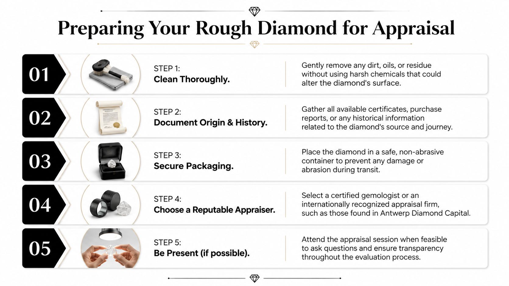 An infographic detailing five essential steps for preparing a rough diamond for professional appraisal and evaluation.