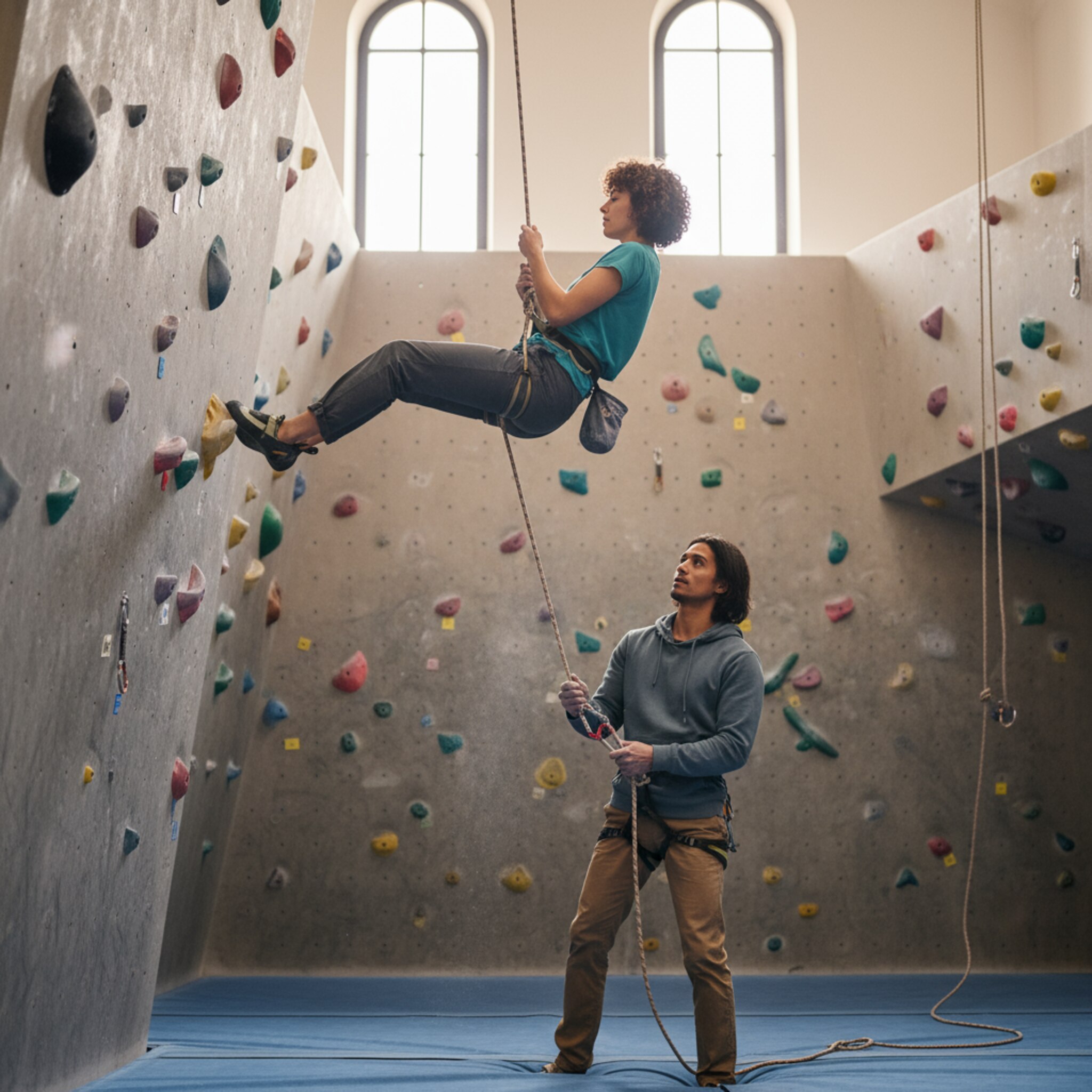 Ein Kletterer hängt an einem senkrechten Seil, der Sicherungspartner beobachtet aufmerksam vom Boden aus. Weiches Hallenlicht betont die Textur der Wand und den Knoten am Gurt. Zwischen den Routen bleibt genügend Raum, es wirkt geordnet und sicher. Eine klare, ruhige Trainingssituation ohne Hektik.