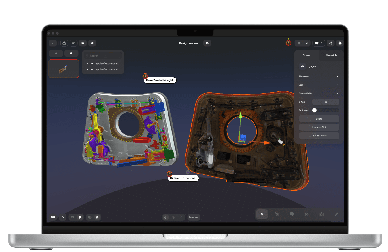 A 3D model of a mechanical robot dog is shown being reviewed by a digital avatar holding a Meta Quest controller 