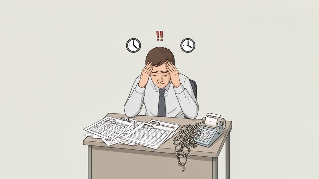 A stressed man at a desk, surrounded by papers and an adding machine, facing time pressure.
