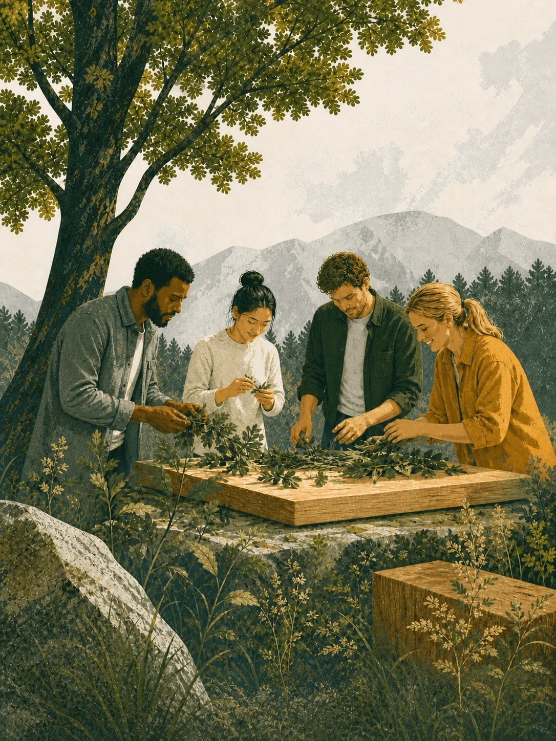 Illustration de participants préparant un repas dans la forêt.