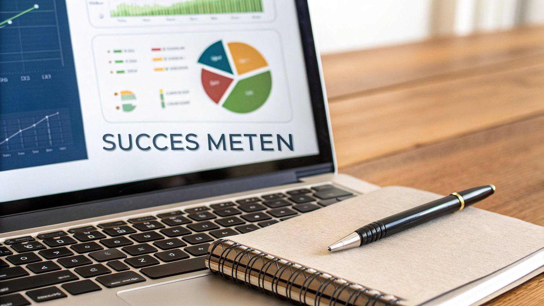 Laptop met scherm dat grafieken en de tekst 'SUCCES METEN' toont, samen met een notitieboek en pen op een houten bureau.
