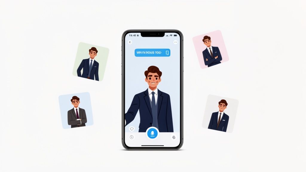 Ein Smartphone zeigt einen animierten Mann im Anzug, umgeben von weiteren Anzug-Avataren.