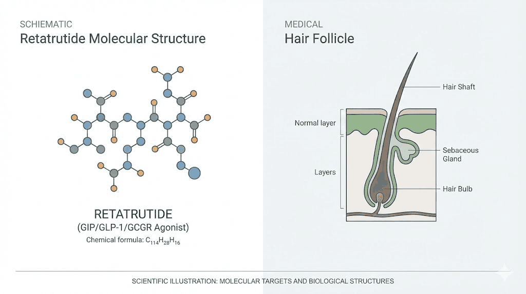 Retatrutide molecular structure and hair follicle anatomy diagram