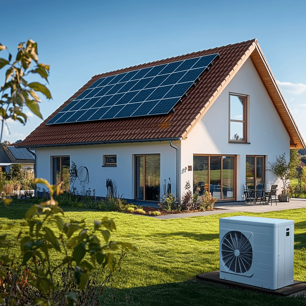 Haus mit Solaranlage und Wärmepumpe für mehr Effizienz