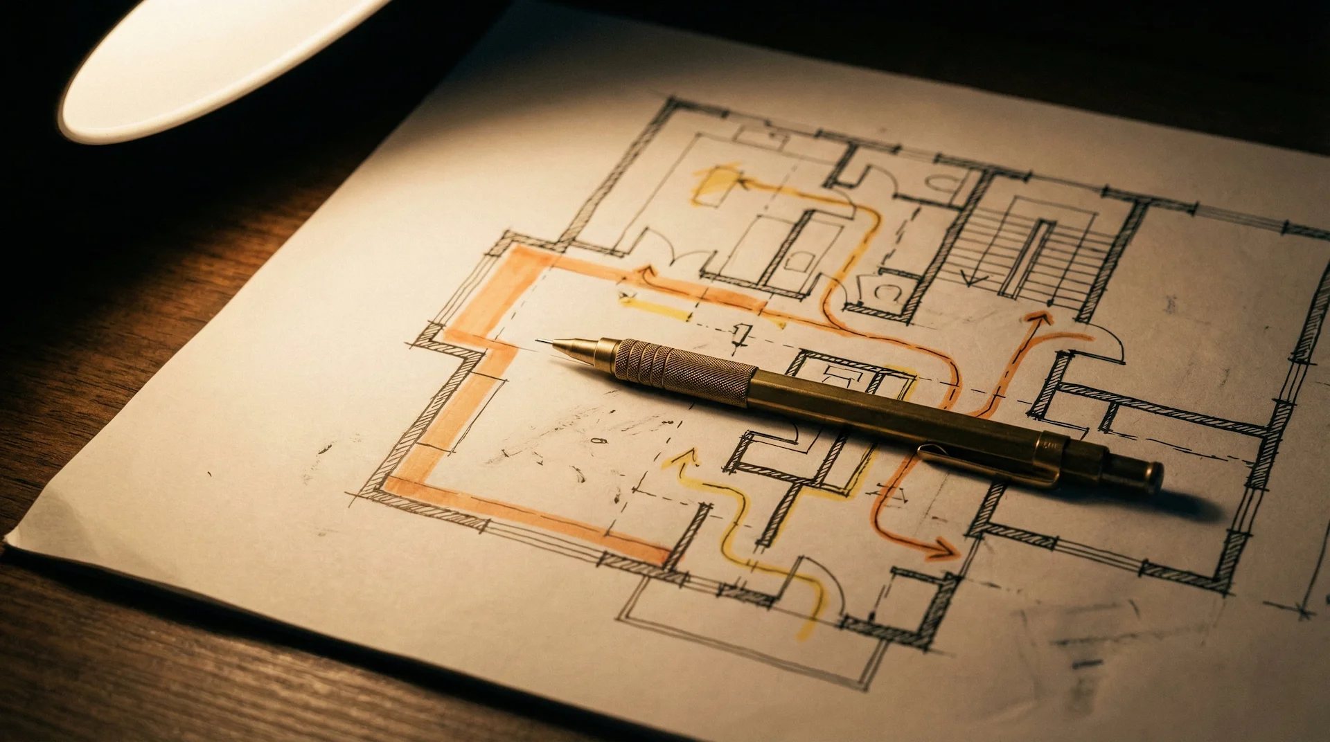 Handgetekende plattegrond met looproutes in kleur gemarkeerd, met een messing vulpotlood op de tekening