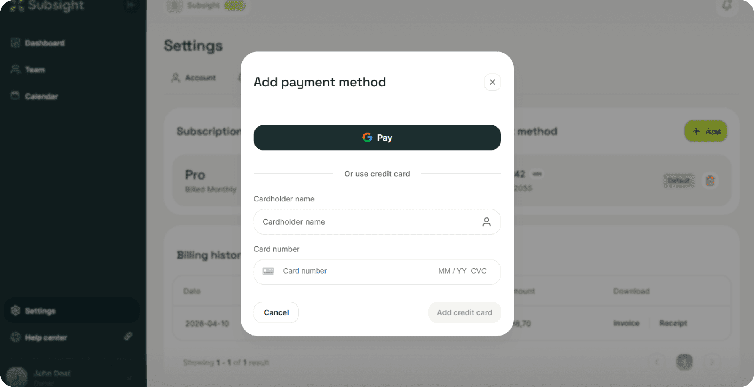Subsight add payment method modal with card details input and Google Pay option.