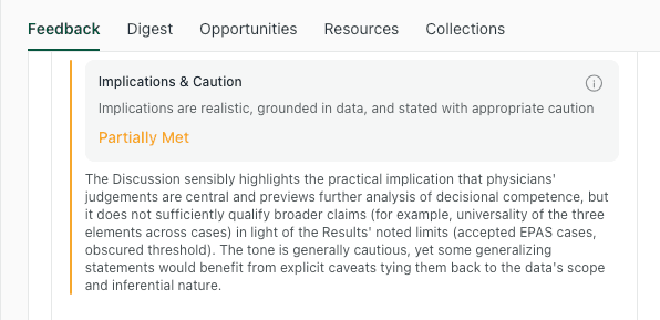 thesify discussion feedback for implications and caution marked partially met with notes about qualifying general claims