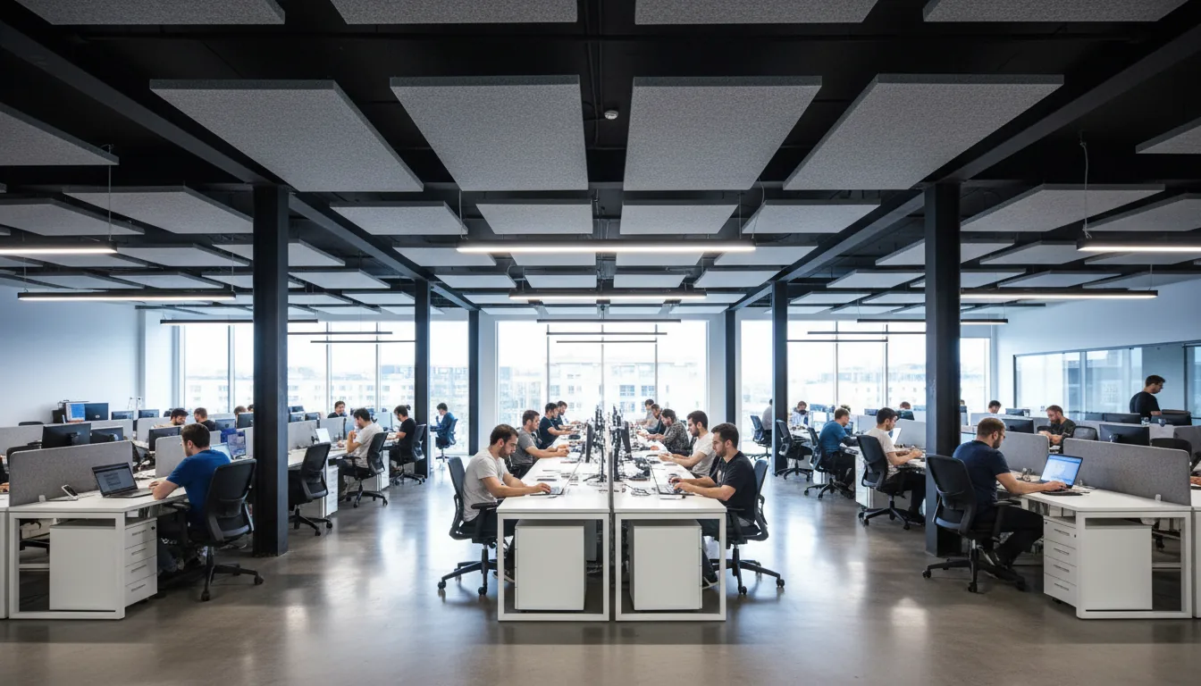 Wide-angle DSLR photograph of a large, bustling modern tech office with an industrial aesthetic. Dozens of software developers are working intently at long rows of white desks on ergonomic chairs, their faces illuminated by laptop screens. The space features black support pillars, a polished concrete floor, and a high, dark ceiling with suspended acoustic panels and bright, linear light fixtures. Natural daylight fills the space from large windows in the background, creating a well-lit, energetic atmosphere. The entire scene is in sharp focus, capturing the depth and scale of the collaborative workspace.