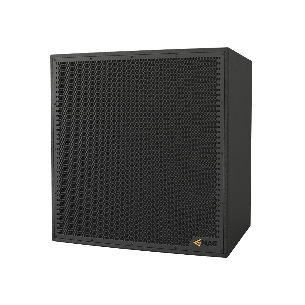 Black speaker cabinet with honeycomb grille, MAG logo