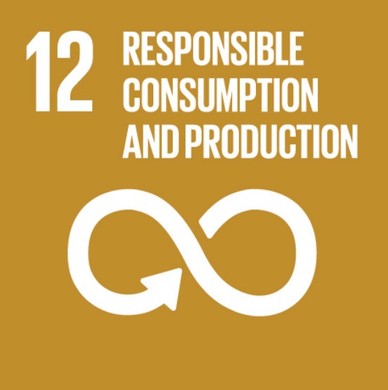 The image represents the twelfth United Nations Sustainable Development Goal (SDG 12), which is "Responsible Consumption and Production." It features a mustard yellow background with the text "12 Responsible Consumption and Production" at the top. Below the text, there is a white icon of a circular arrow forming an infinity symbol, representing sustainability and the continuous cycle of consumption and production. This goal emphasizes ensuring sustainable consumption and production patterns.