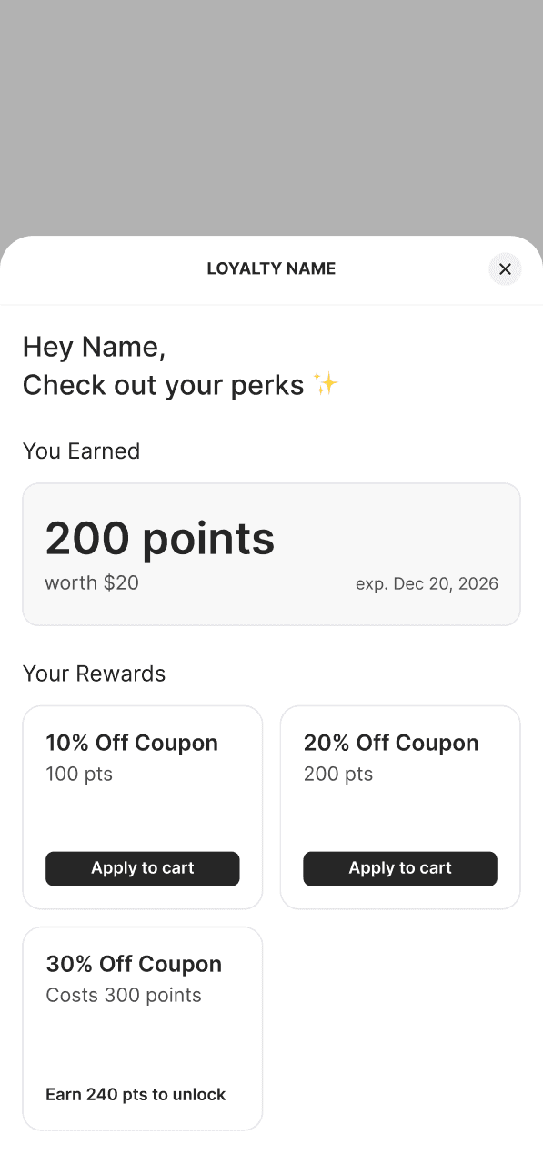 mobile UI showing the loyalty widget state when At least 1 reward available but not all of them