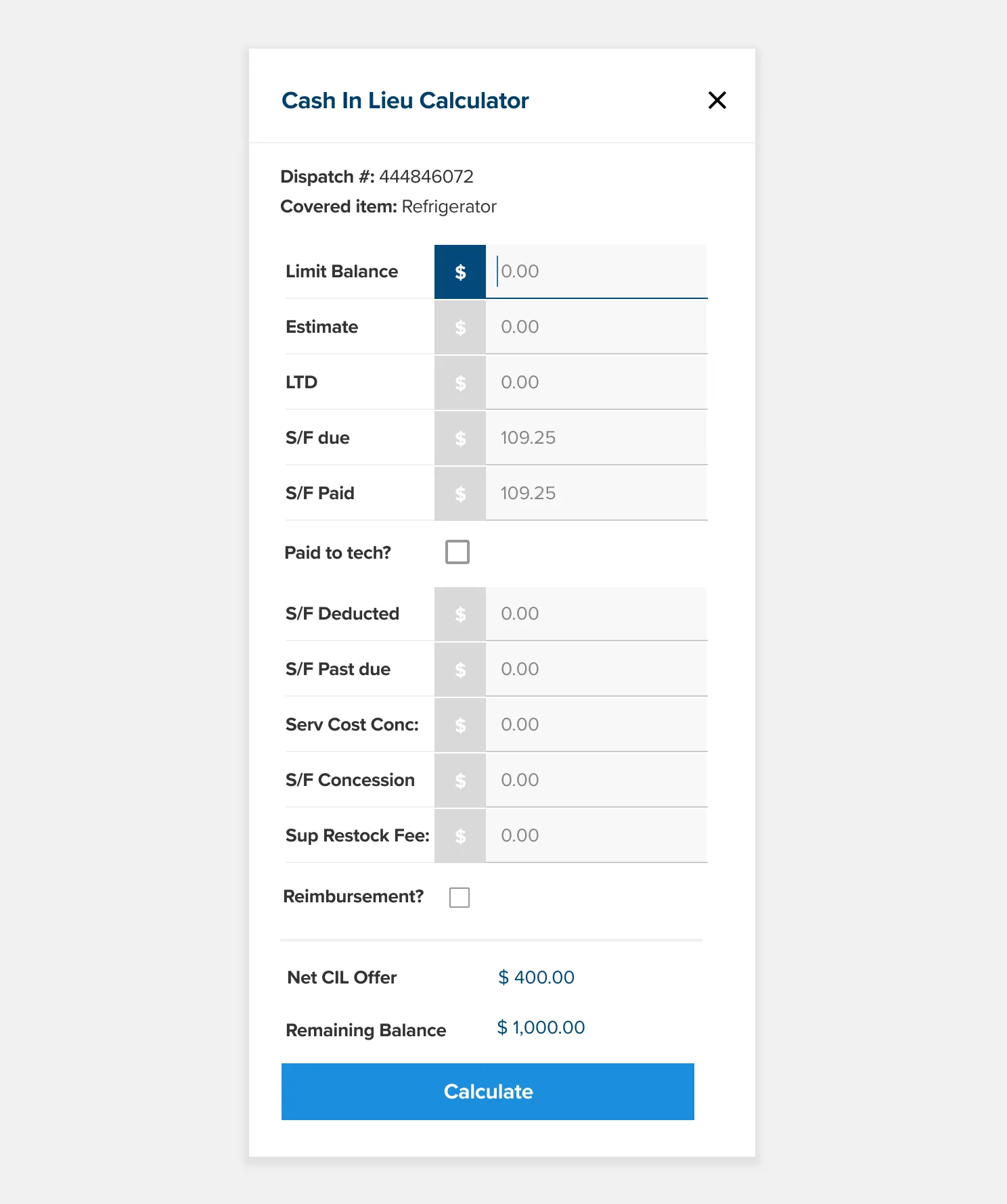 Payout calculator in lieu of service repair