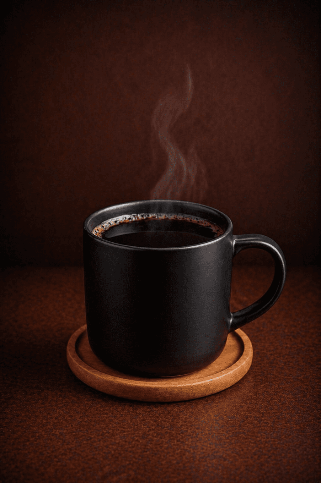 Café Noir black drip coffee steaming in a matte black mug at Café Sherpa's, Brookfield WI. Dark-roast brewed fresh daily, balanced and aromatic.