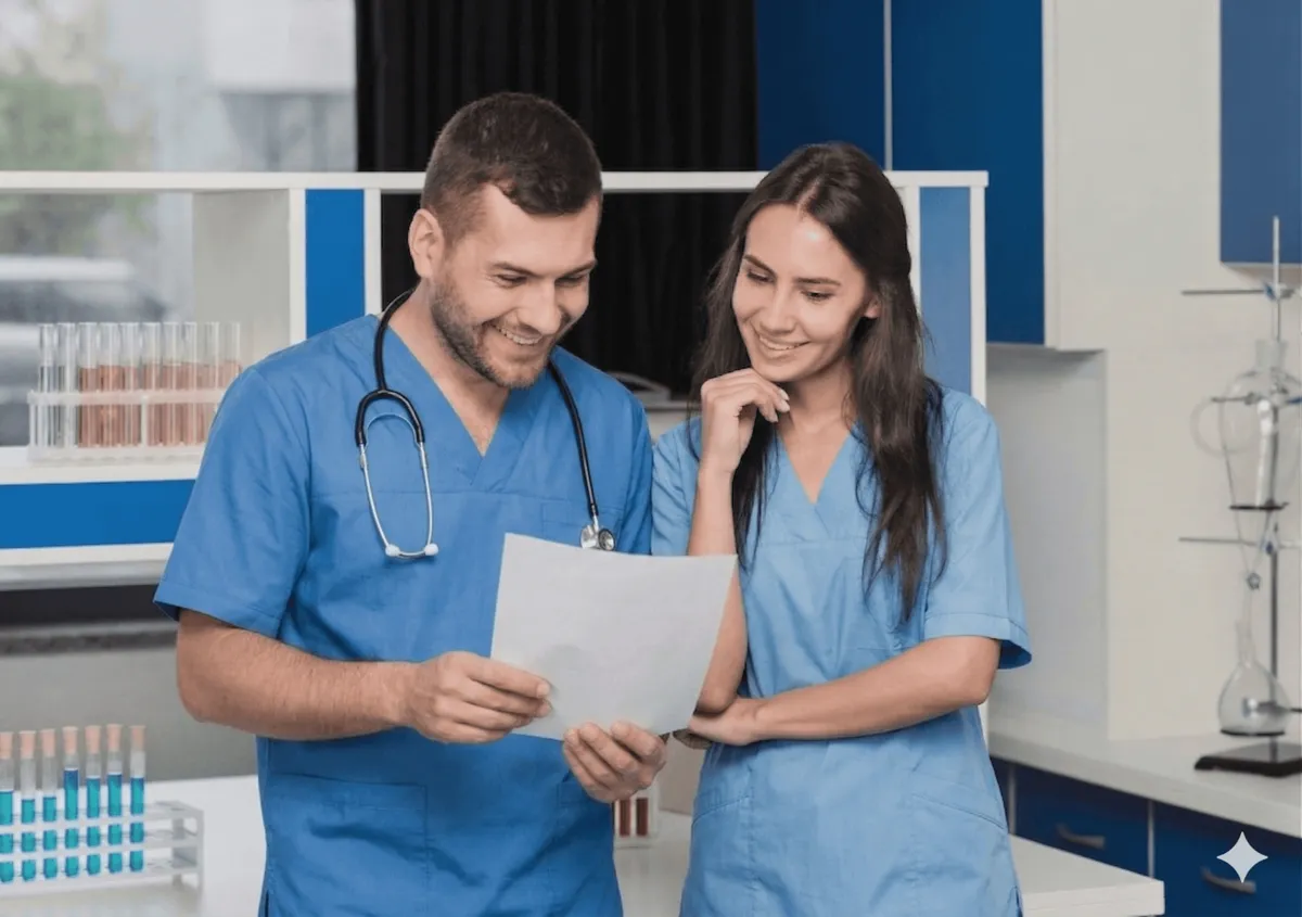 A surgeon examines a medical instrument during surgery.