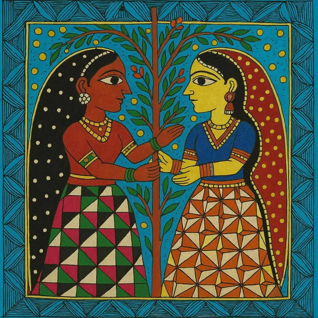 Two women talking under a tree
