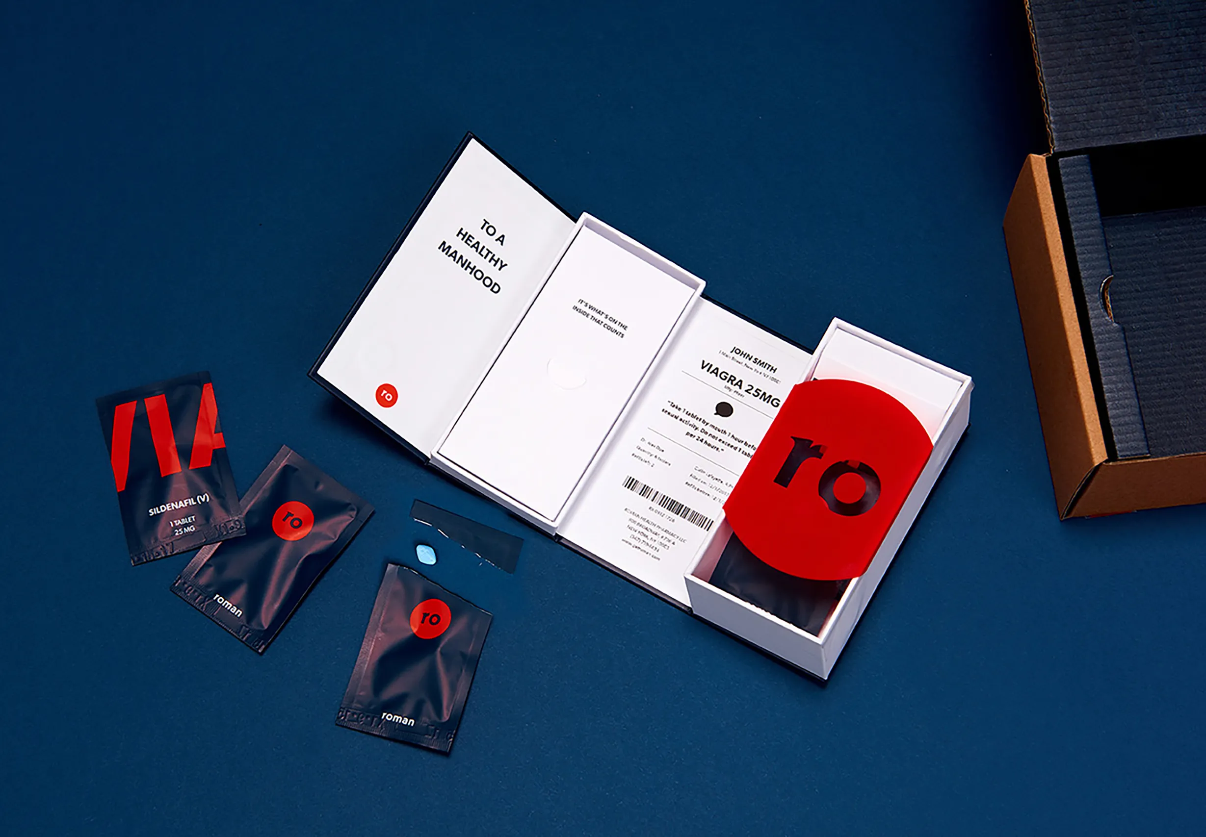 Open Ro healthcare packaging box with medication pouches, printed inserts, and red compartment on blue