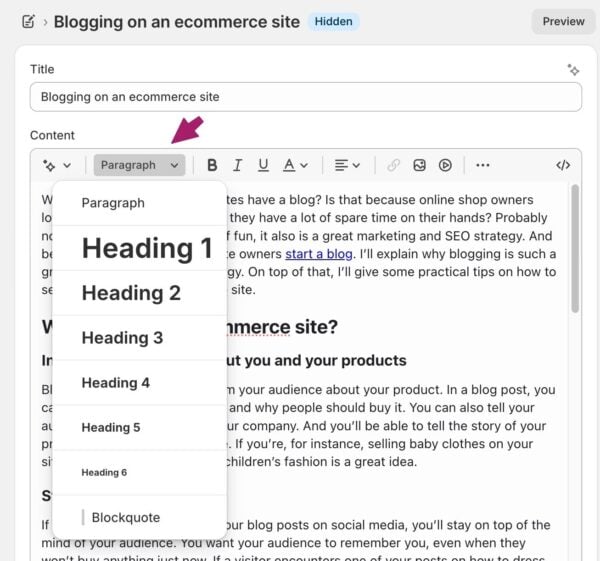 adding a header in shopify's nlog editor using the drop down menu