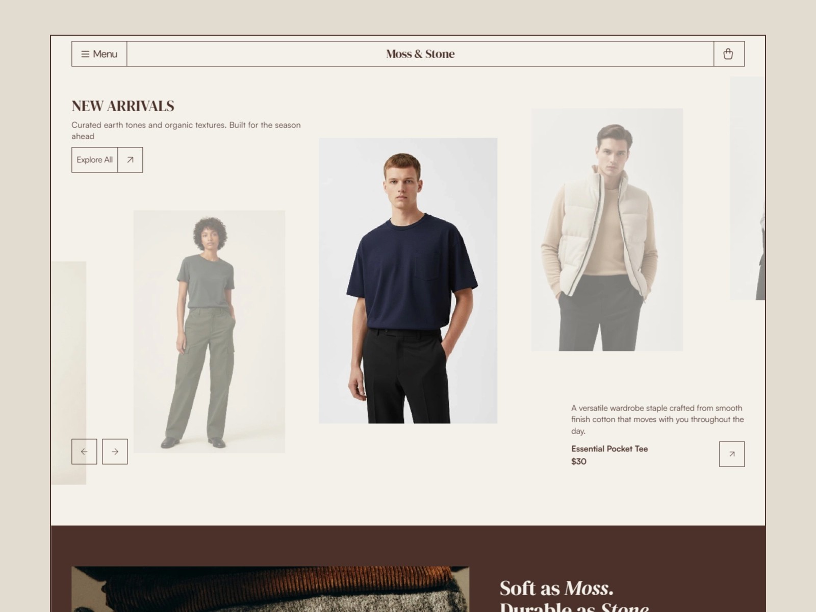 Fashion website with new arrivals featuring casual, neutral-toned outfits.