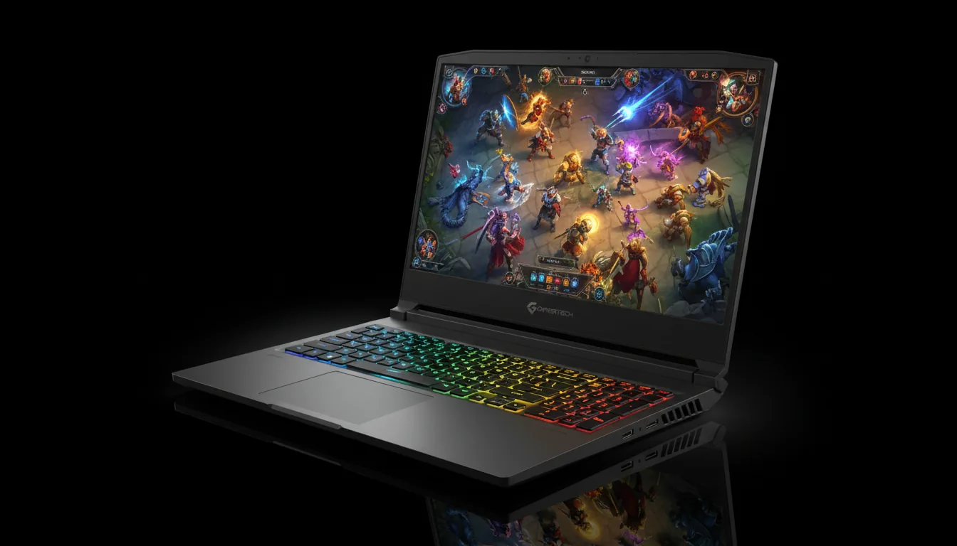DSLR product photography of a sleek, dark grey gaming laptop, positioned at a three-quarter angle on a pure black, seamless studio background. Soft studio lighting elegantly highlights the laptop's sharp, modern chassis and matte texture. The screen is on, displaying a vibrant and colorful top-down fantasy battle game. The full-size keyboard is illuminated with multi-colored RGB backlighting, showing a gradient of colors across the keys. The entire laptop is in sharp, crisp focus, with a subtle reflection visible on the surface below.