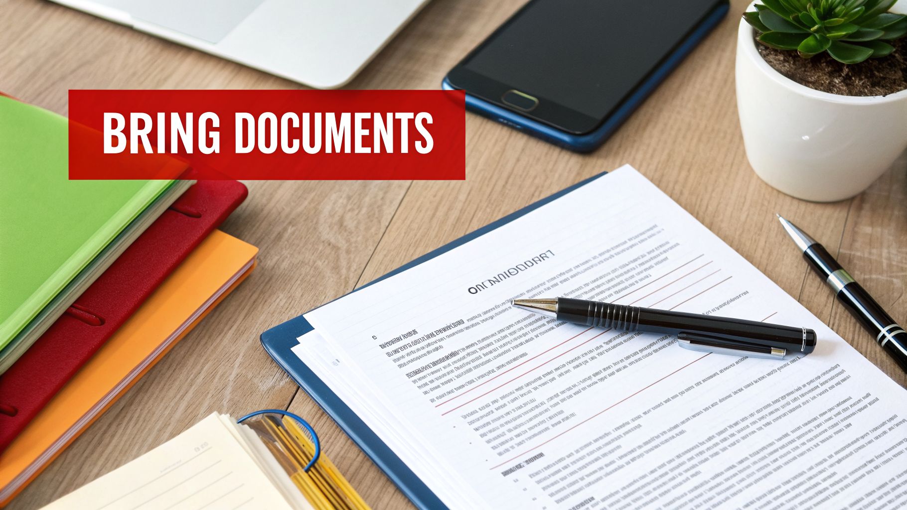 A desk with a laptop, smartphone, colorful notebooks, a document with a pen, and a plant, with a banner saying 'BRING DOCUMENTS'.