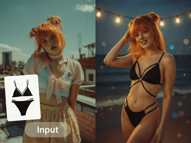 Alici test 2 — outfit transferred from a reference photo and relocated to an evening dock scene with bistro lights