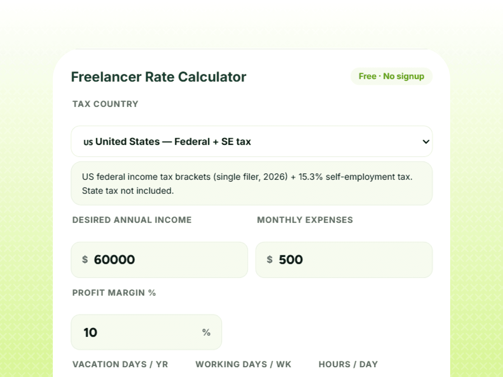 Freelancer rate calculator dashboard in Finqube Hourly rate calculator for freelancers Freelance pricing calculator results Project pricing calculator interface Freelancer income planning dashboard Daily and hourly rate calculator Freelance pricing tool with revenue breakdown Income goal calculator for freelancers