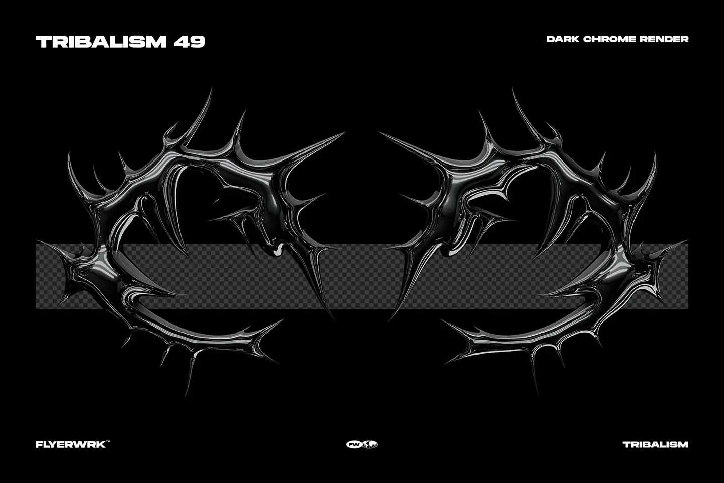 Tribalism vector shape dark chrome render with sharp metallic tribal spikes