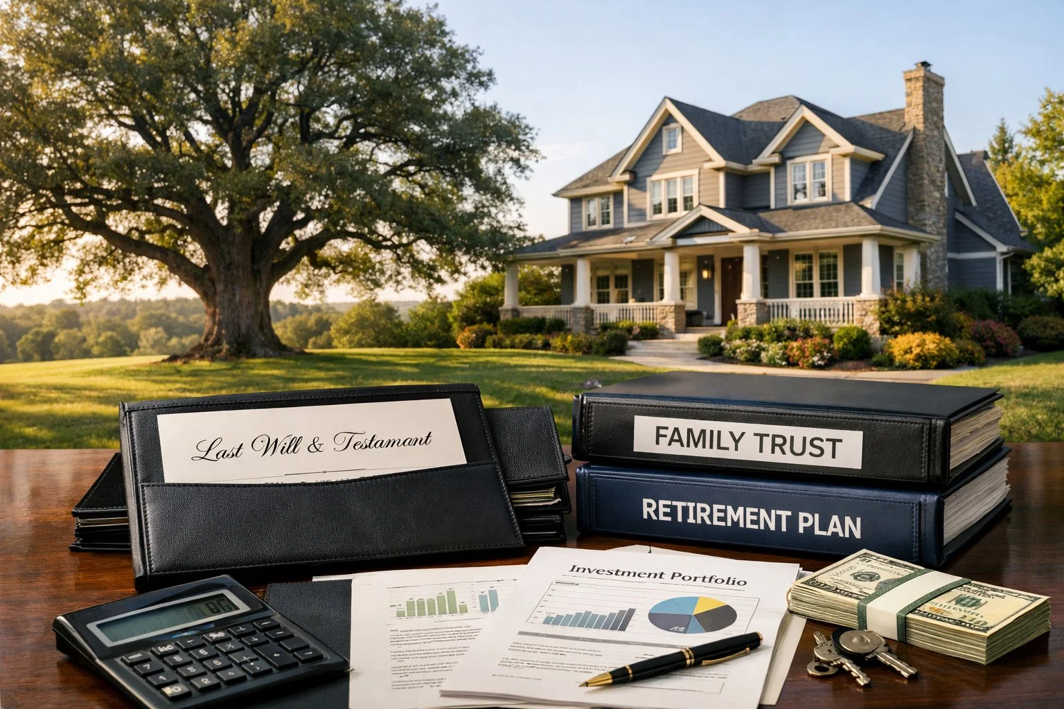 Mature tree beside a strong family home, with organized financial planning documents in the foreground symbolizing generational wealth and long-term stability.