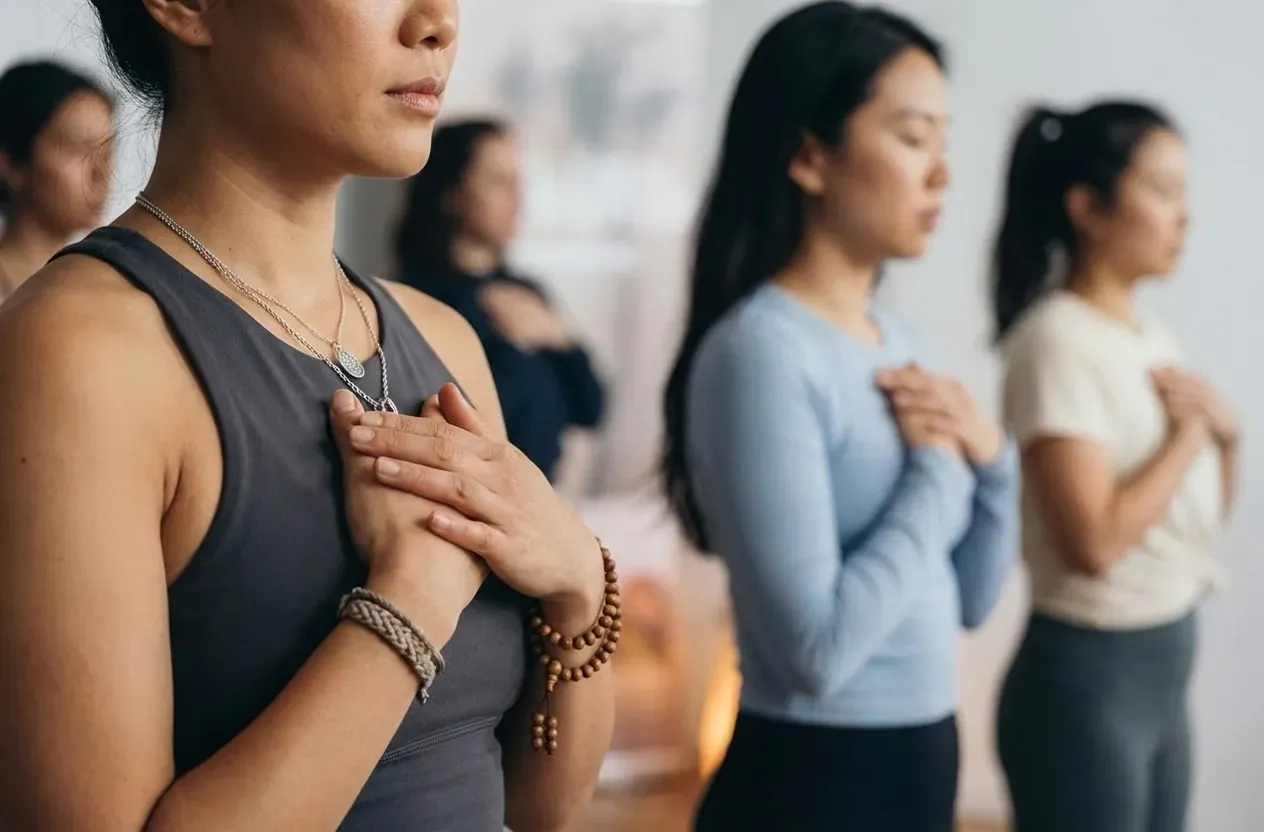 在寧靜的空間中,女性學員透過冥想練習回到當下。她們專注於呼吸與身體覺察,在壓力調節的過程中找回內在平靜,並深深感受身心連結,安靜聆聽身心帶來的訊息。