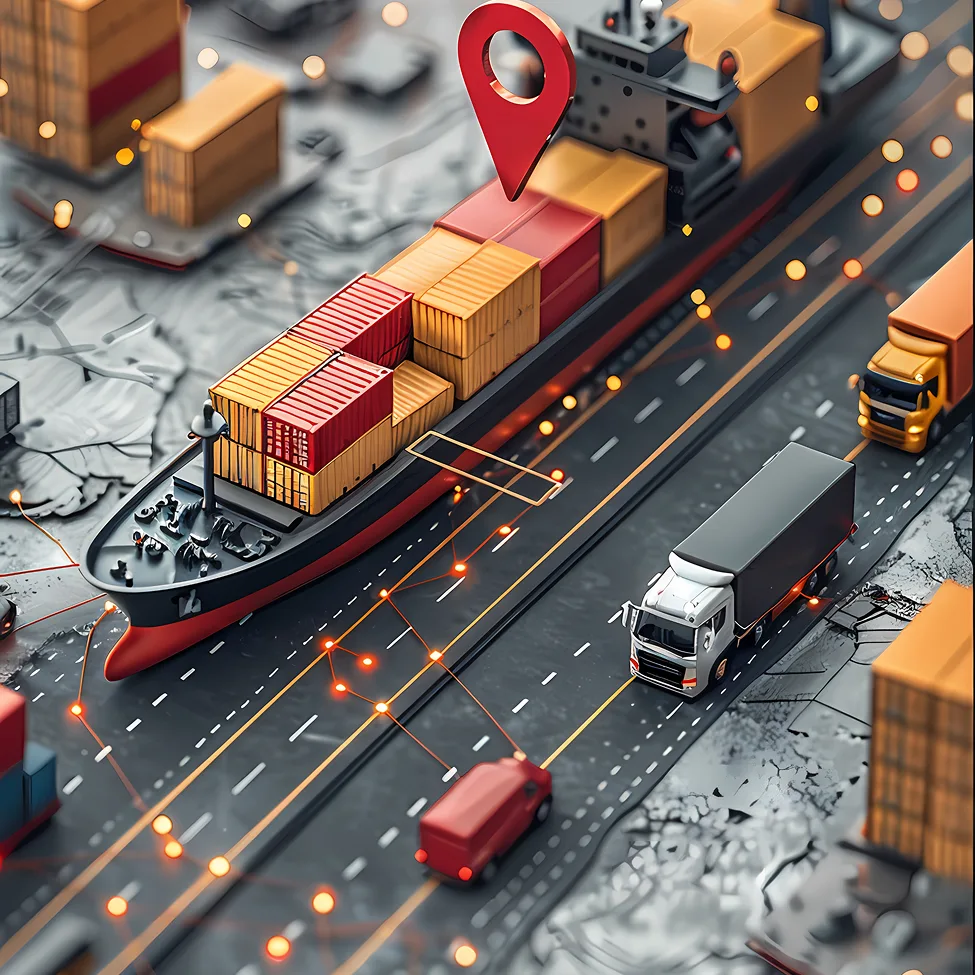 3D illustration of a cargo ship, trucks, and containers connected by glowing route lines, representing delivery tracking and route optimization.