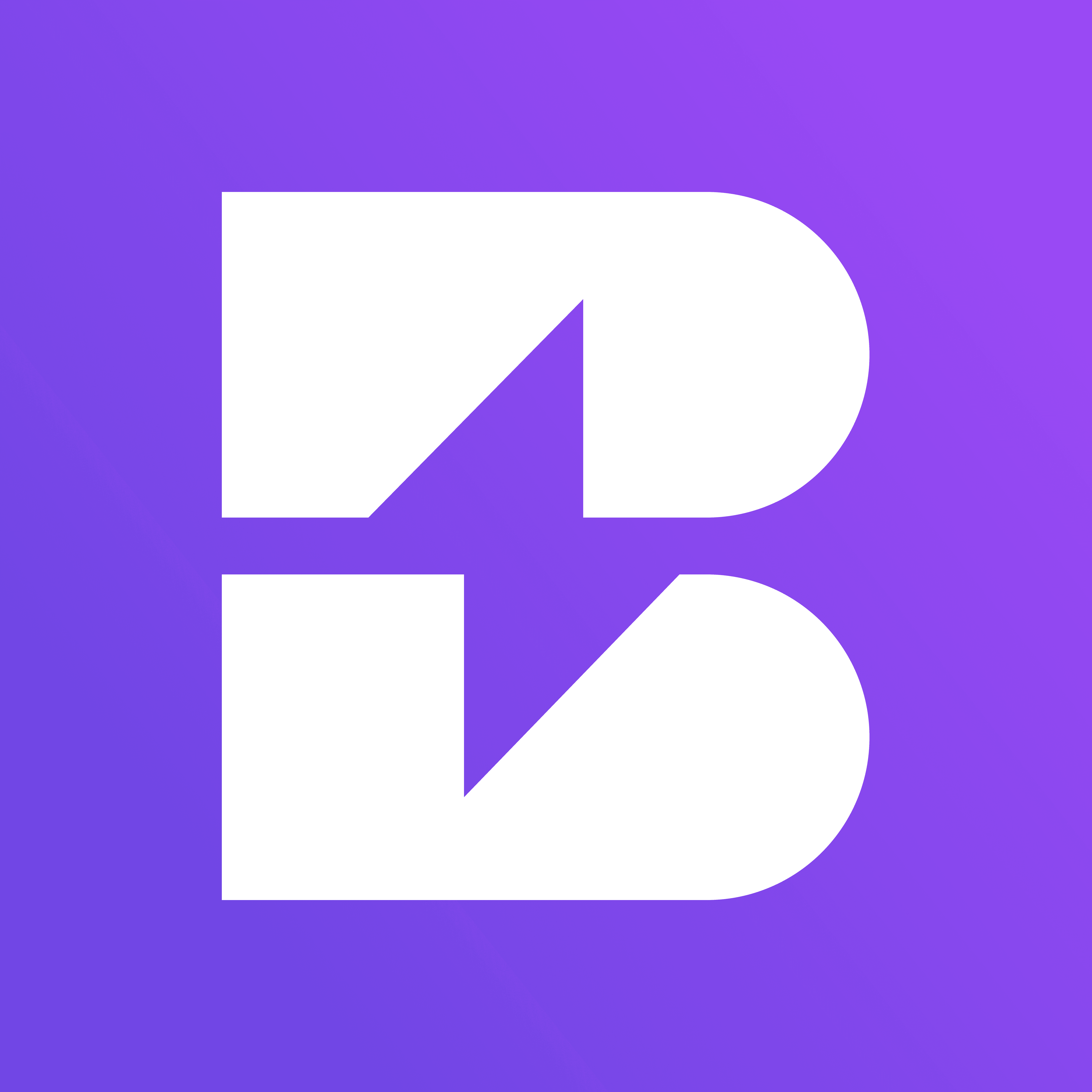 Logo blanc stylisé représentant la lettre B avec un éclair au centre, sur un fond violet dégradé.