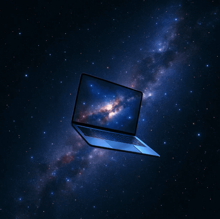 Laptop floating in deep space against a backdrop of stars and the Milky Way galaxy, with cosmic light emanating from the screen.