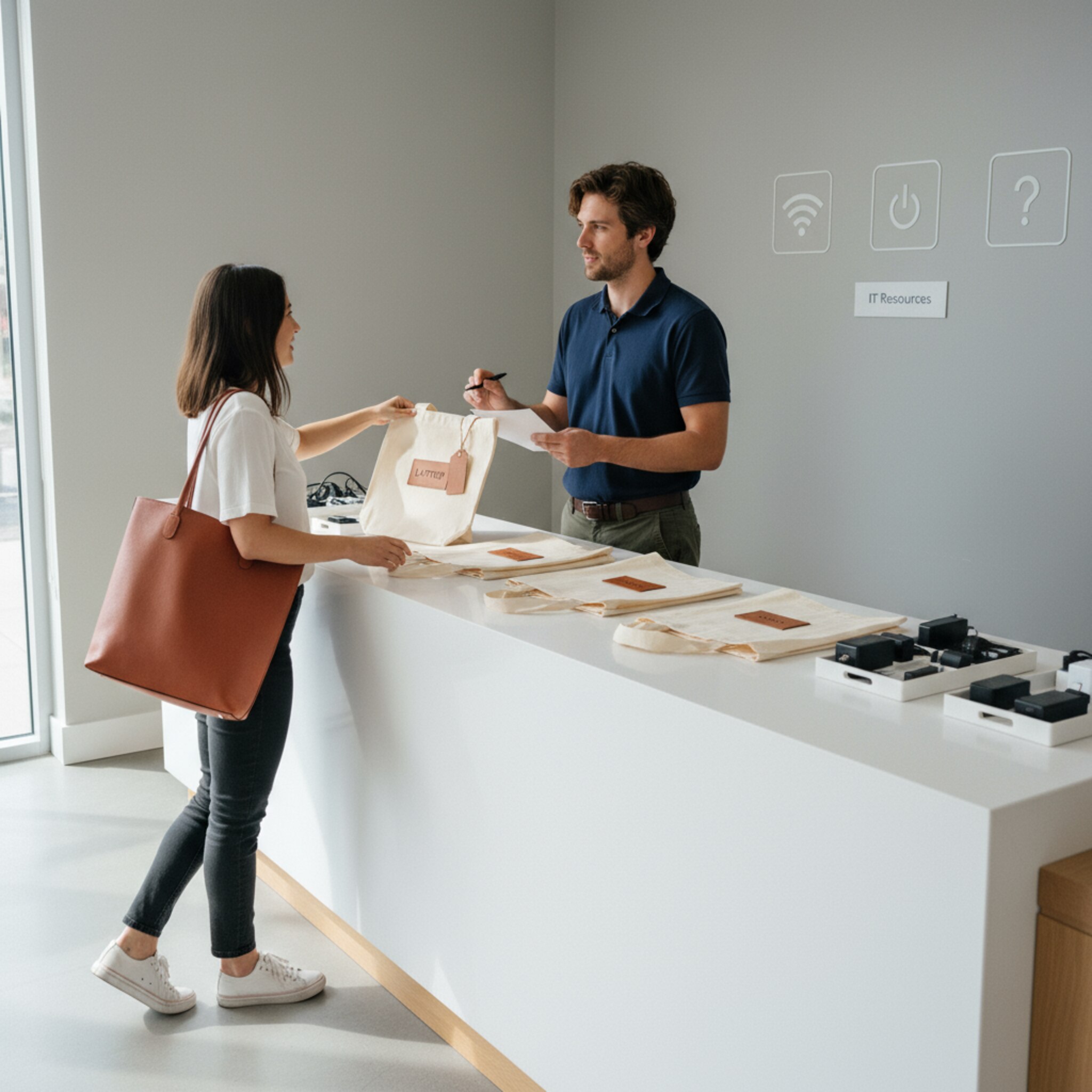 An einem schlichten Servicecounter befindet sich eine aufgeräumte Fläche mit vorbereiteten Taschen. Ein Mitarbeiter überprüft Zubehör an einer physischen Checkliste und übergibt eine Tasche an eine Kollegin. Die Szene zeigt eine schnelle, standardisierte Übergabe. Nichts lenkt ab, alles ist klar gekennzeichnet.