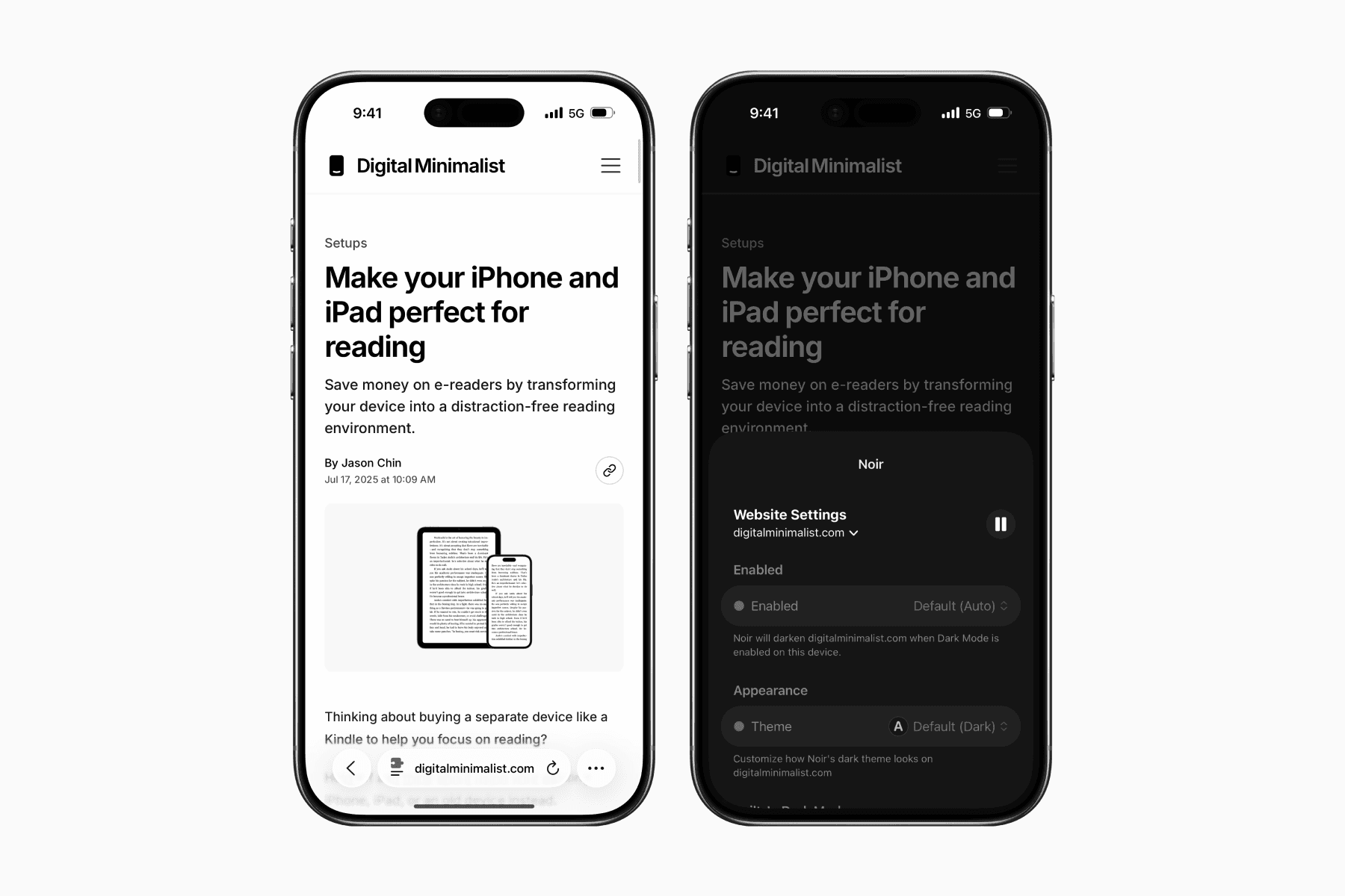 A before and after comparison of a website on Safari on iPhone after enabling the Noir dark mode extension