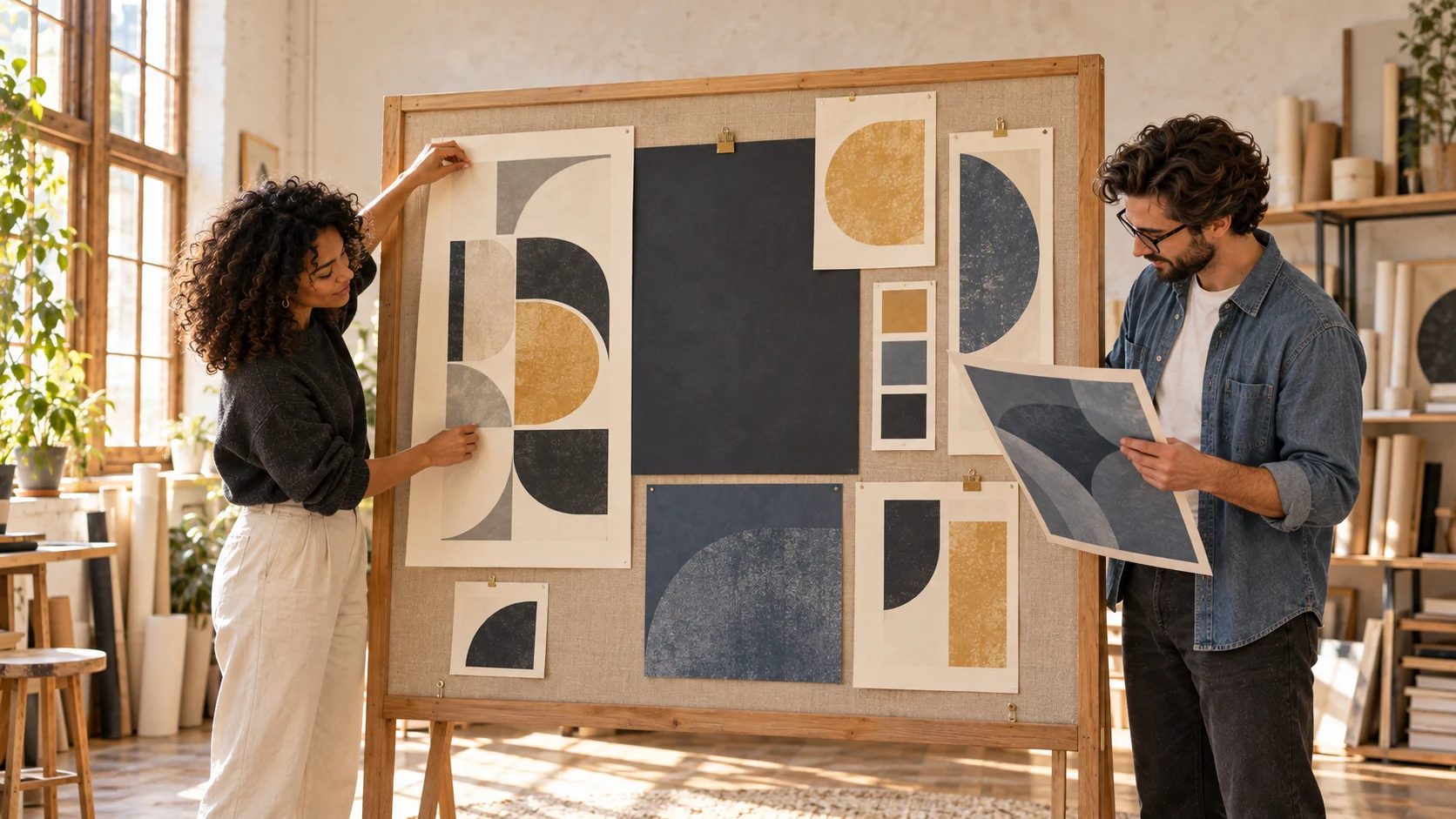 Nora and Alex developing a brand direction on a large presentation board in the print studio