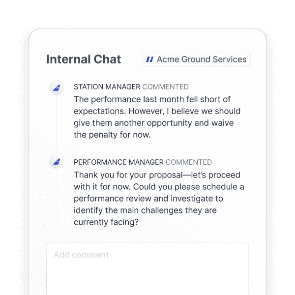 Screenshot of an internal chat discussing a proposal, highlighting a request for a performance review, relevant to analyzing solutions and improving service in the aviation industry.