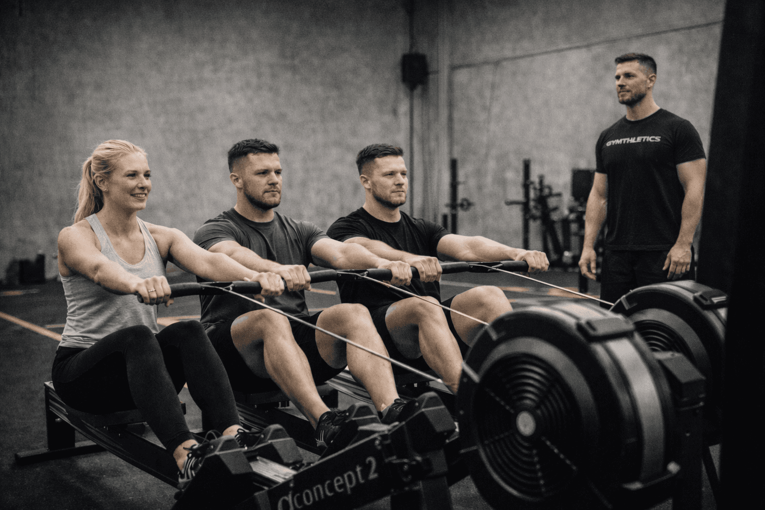 Energetic black and white image of two female athletes cheering and shouting during a fitness competition.