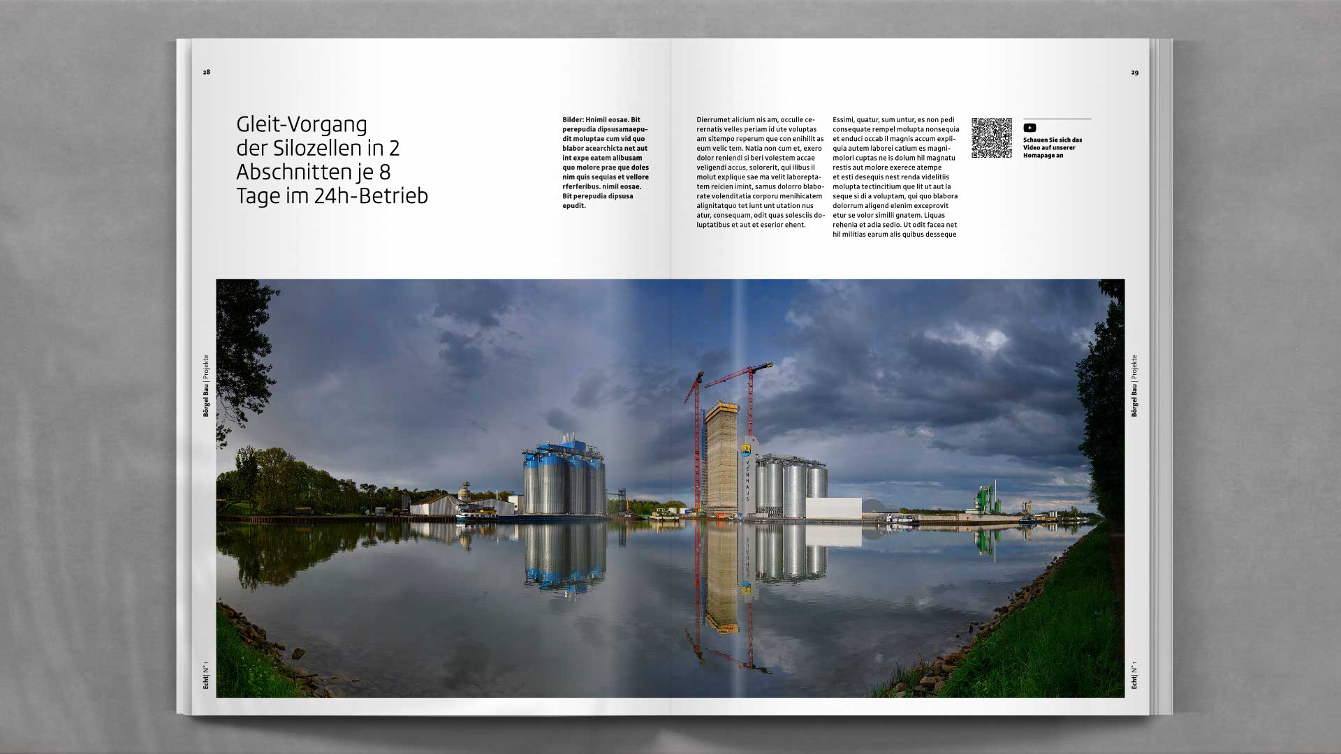 Doppelseite mit Projektbericht aus dem Bereich Ingenieurbau – übersichtlich strukturiert, mit Bild-Text-Komposition und pointierter Farbführung.