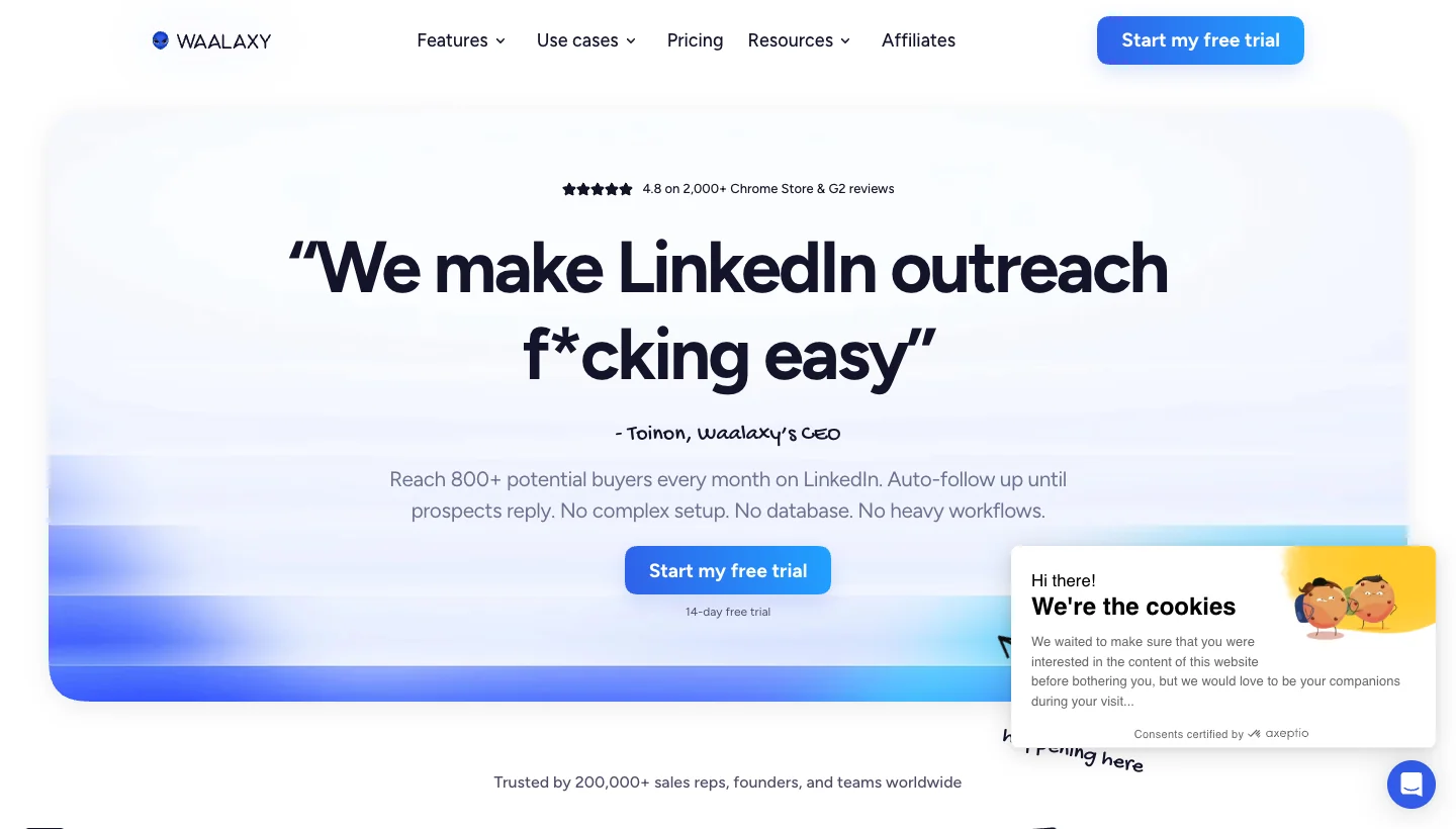 Waalaxy homepage: LinkedIn and email prospecting automation tool