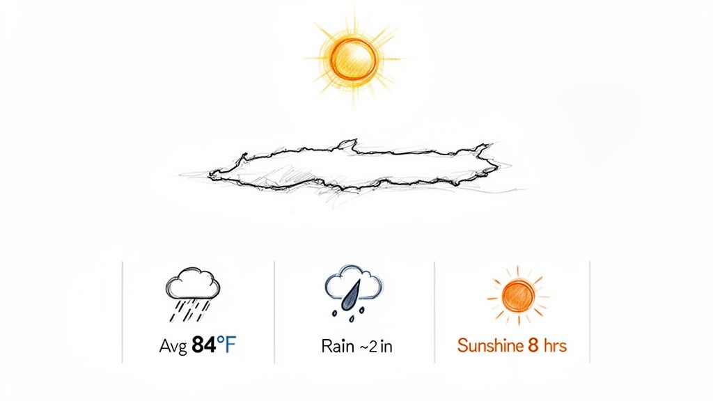 An illustration of an island with weather data, showing average 84°F, 2 inches of rain, and 8 hours of sunshine.
