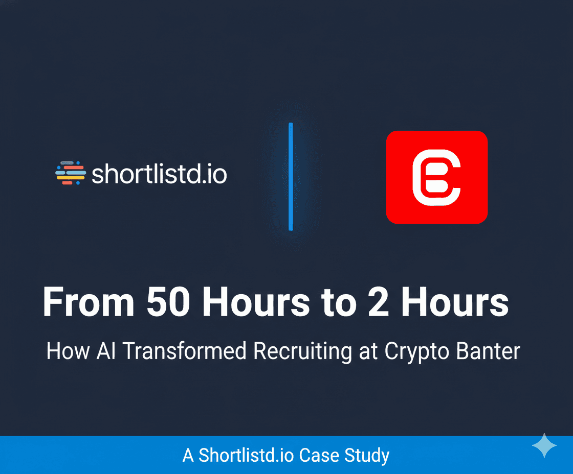 shortlistd.io and Crypto Banter case study cover: How AI recruiting reduced time-to-hire from 50 hours to 2 hours using autonomous AI sourcing agents