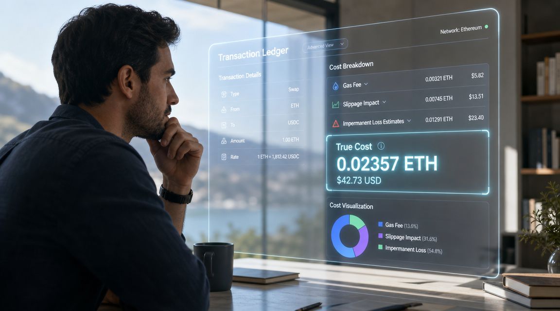A man observing a digital holographic interface showing detailed cryptocurrency transaction costs and financial metrics.