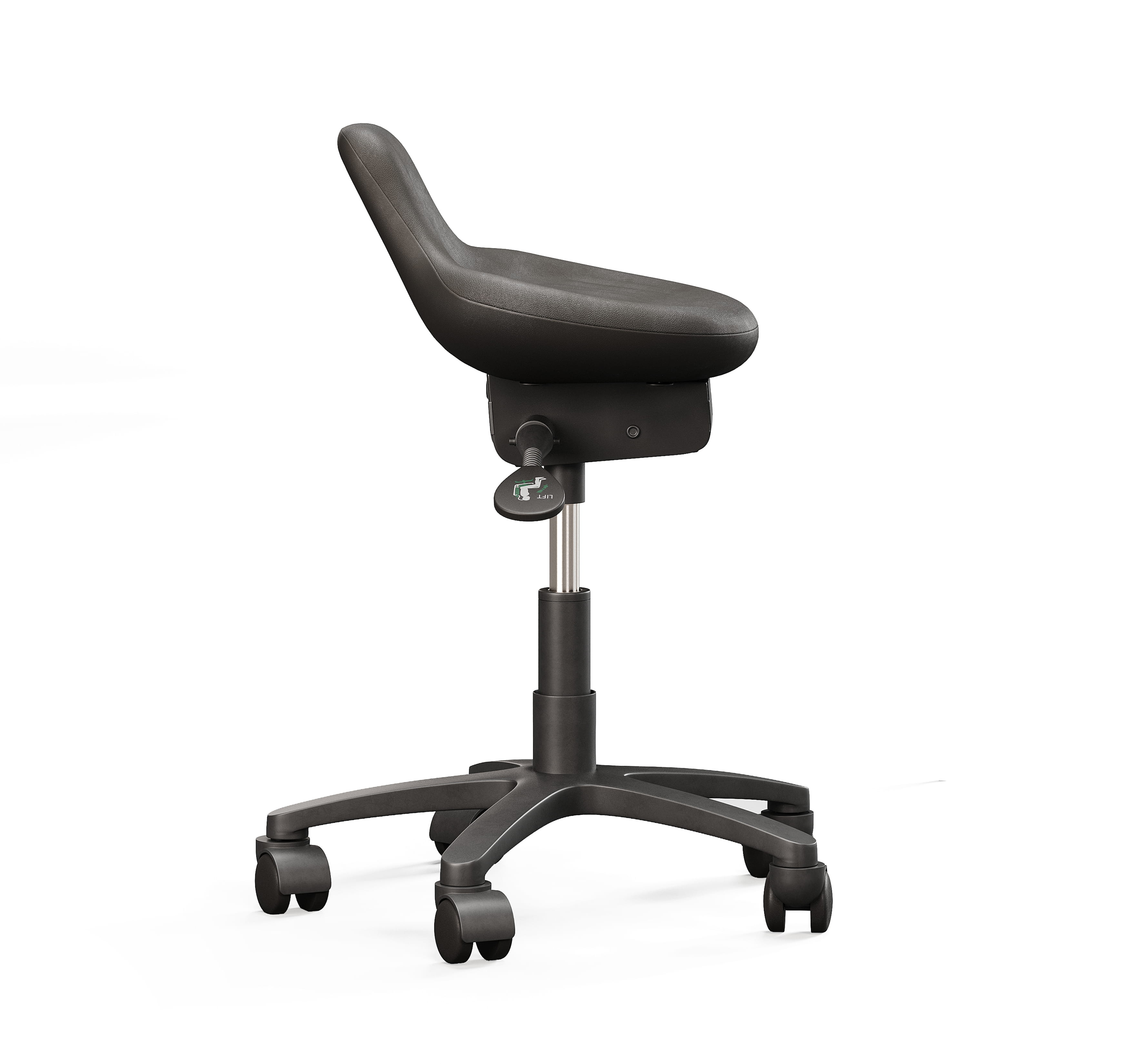 Side view of gas lift stool showing seat profile and adjustable height mechanism